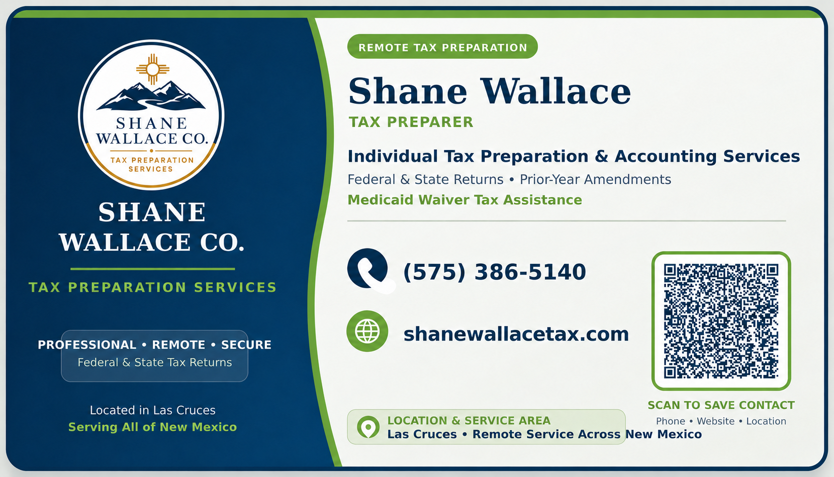 Shane Wallace Co. business card with tax preparation services, phone number, website, service area, and contact QR code